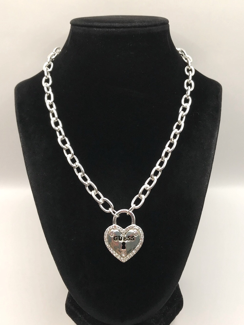 GUESS Silver-Tone Heart Lock Charm Necklace with Rhinestones